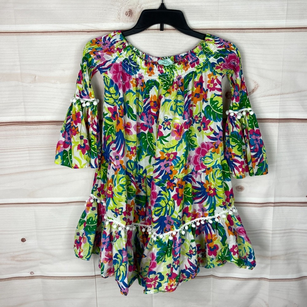 True Destinations Cover Up Womens XS Floral Bell Sleeve Pom Pom Trim Cotton Swim